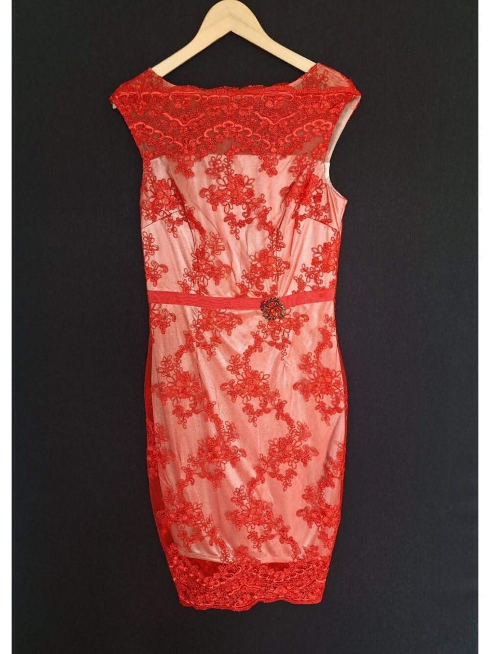 💙 Jax Red Lace Cocktail Midi Dress Bodycon Sheer Overlay Size 8 Cap Sleeve Form